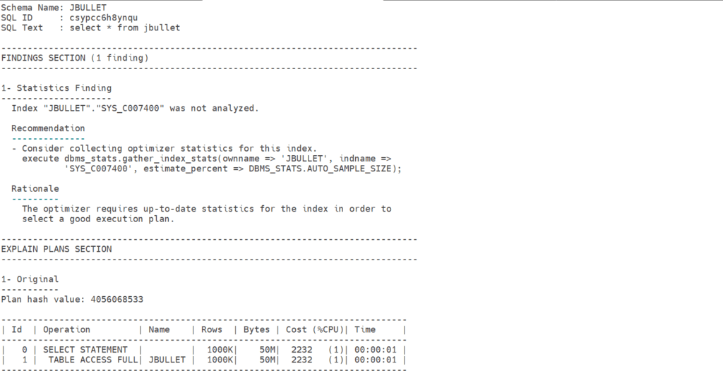 SQL Tuning recommendation