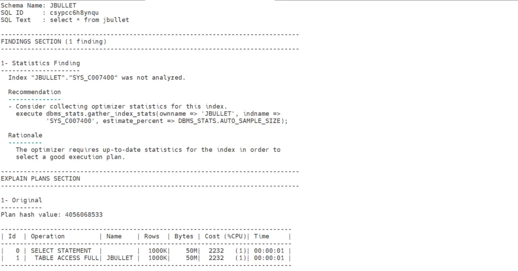 SQL Tuning recommendation