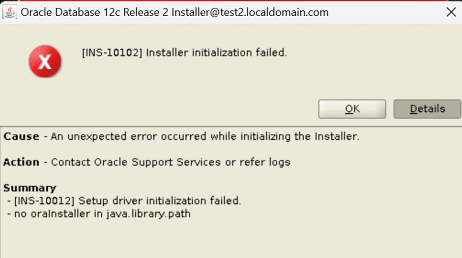 [INS-10102] Installer initialization failed