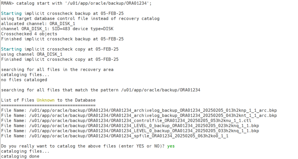 CATALOG the backup location