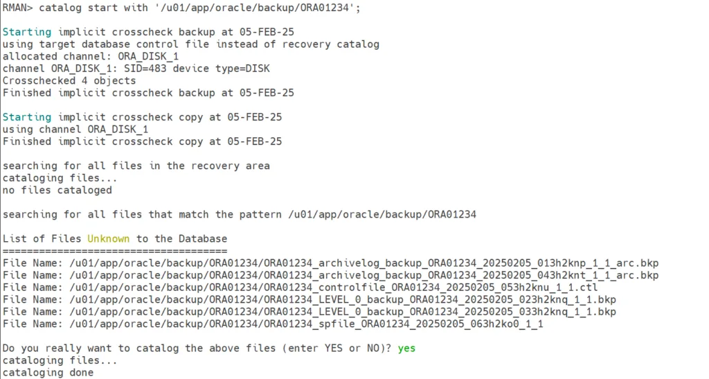 CATALOG the backup location