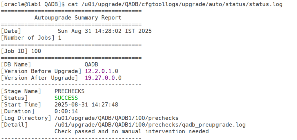 Autoupgrade Analyze Output