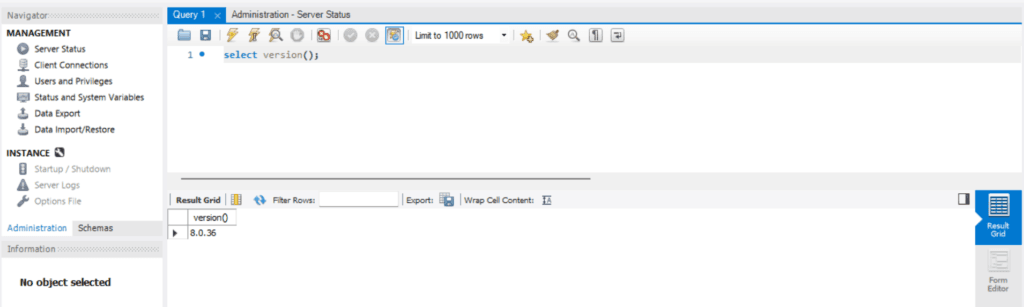 Version check in Mysql Workbench