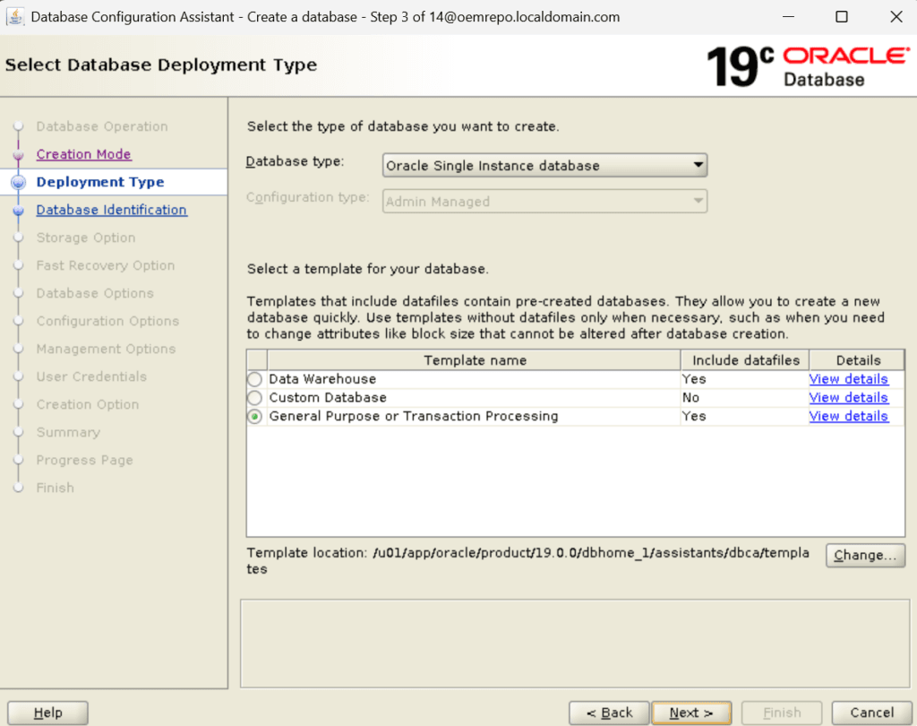 Oracle 19c Database Creation for OEM 13c Using DBCA